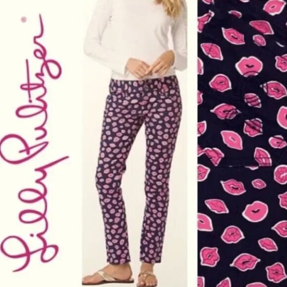 Lilly Pulitzer worth skinny mini jeans size 12 NWOT Bocce Lip Kiss print RARE - Picture 1 of 10